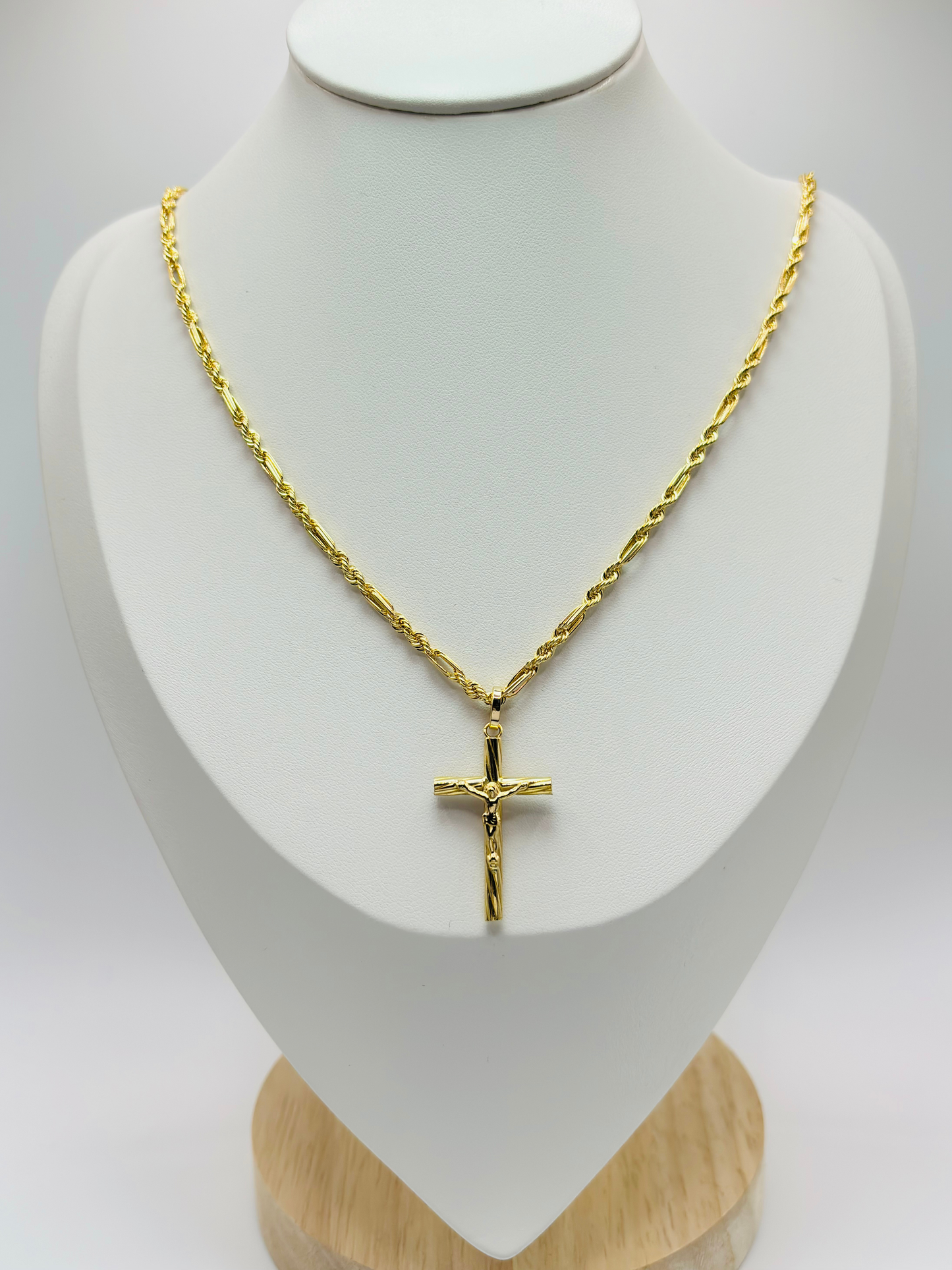 18K Gold Rope Bar with Cross Pendant Necklace