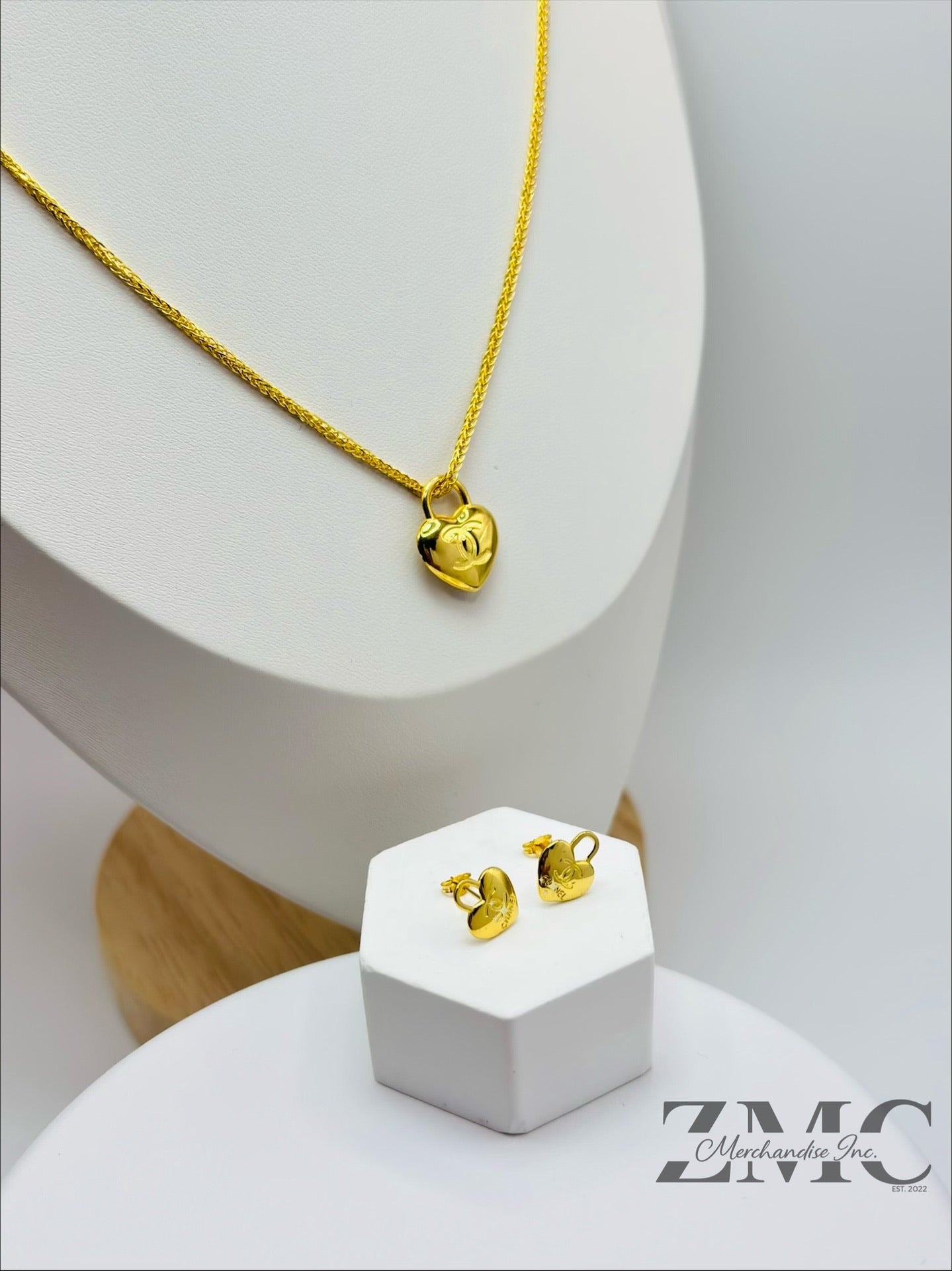 18K Gold C Heart Earrings and Necklace Set
