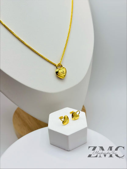 18K Gold C Heart Earrings and Necklace Set