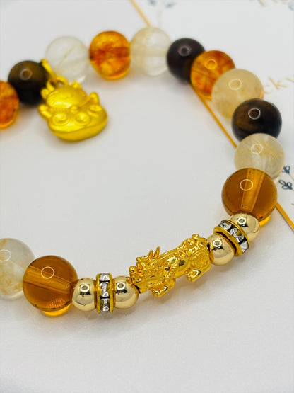 18K Gold Lucky Piyao/ Pi Xiu Citrine, Tiger Eye Bracelet ( Hollow Empty Inside) SMALL PIYAO