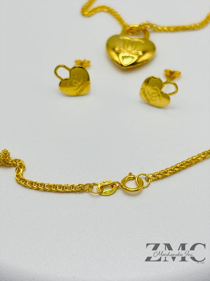18K Gold C Heart Earrings and Necklace Set