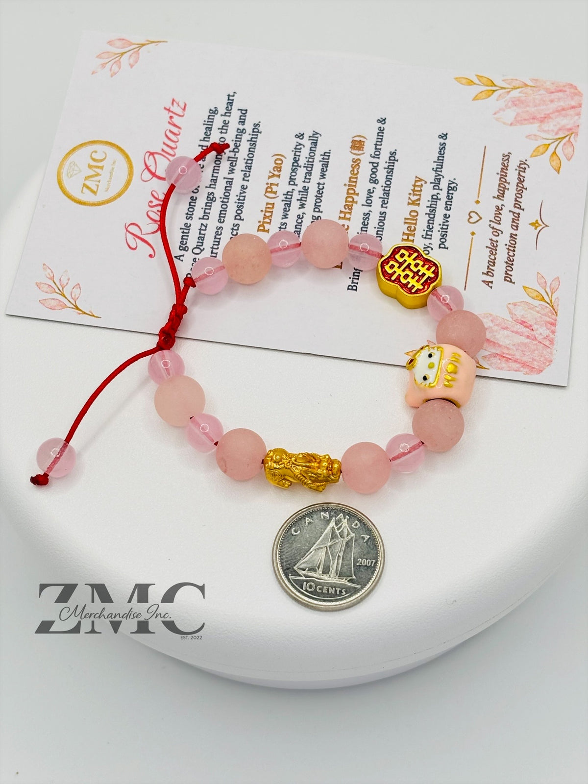 18K Gold  Lucky Piyao/ Pi Xiu Rose Quartz Matte Stone HK Kids Bracelet  ( Hollow Empty Inside) Small