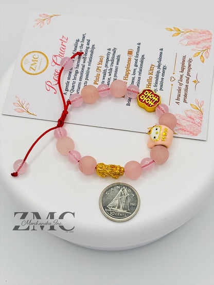 18K Gold  Lucky Piyao/ Pi Xiu Rose Quartz Matte Stone HK Kids Bracelet  ( Hollow Empty Inside) Small