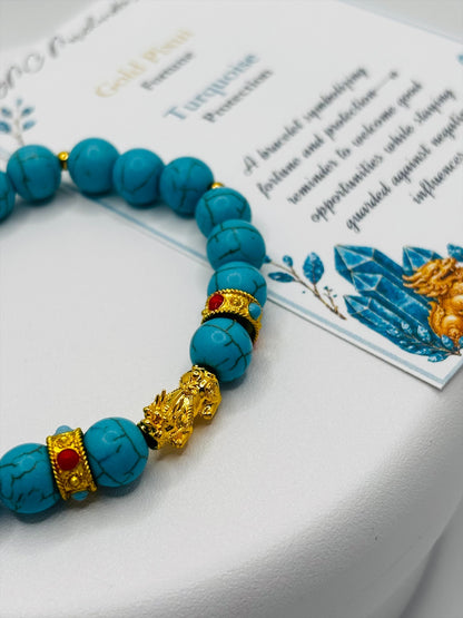 18K Gold Lucky Piyao/ Pi Xiu Blue Turquoise Bracelet ( Hollow Empty Inside) Small