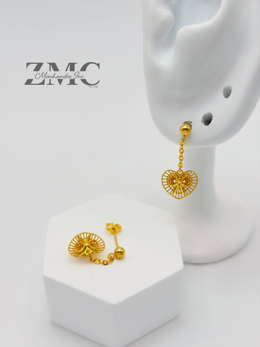 18K Gold Heart Dangling Earrings