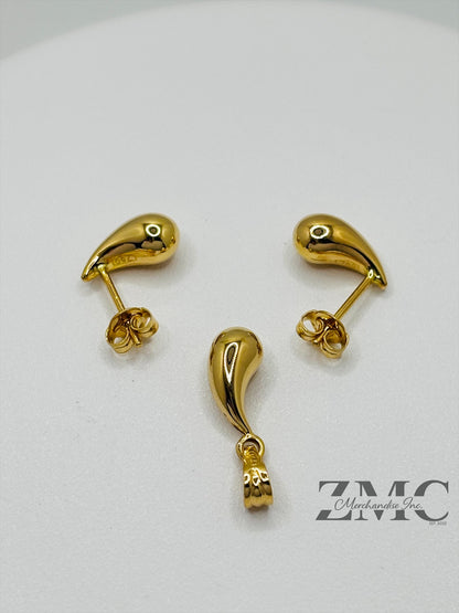 18K Gold Earrings and Pendant Teardrop Set