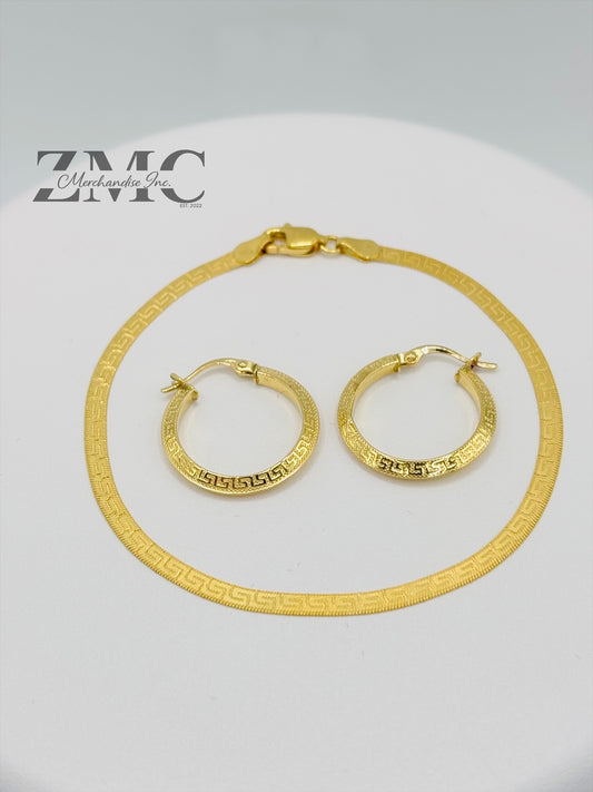 18K Gold F Bracelet and Loop Earrings Set