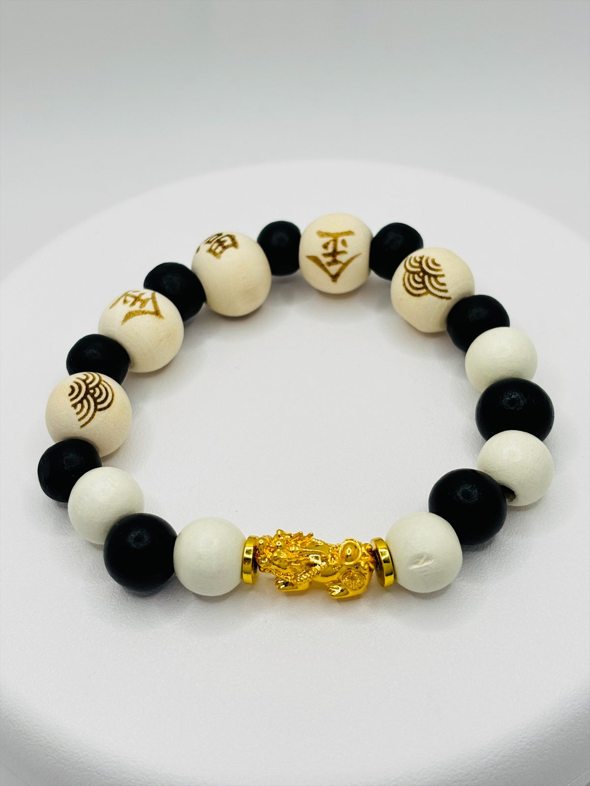 18K Gold Piyao /Pi Xiu Prosperity Wooden Beads Bracelet (Hollow Empty Inside) – MEDIUM PIYAO