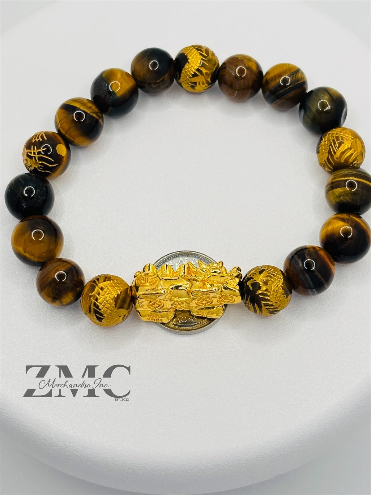 18K Gold Lucky Piyao/ Pi Xiu  Bracelet Tiger Eye Dragon Stone( Hollow Empty Inside) Extra Large Glossy