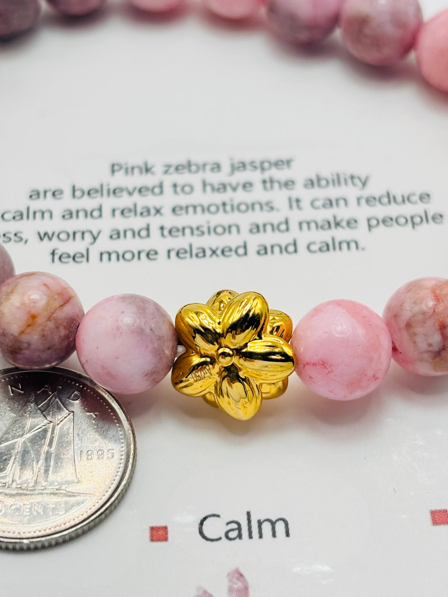 18K Gold Lucky Lotus Flower Bracelet Pink Zebra Jasper Stone ( Hollow Empty Inside)