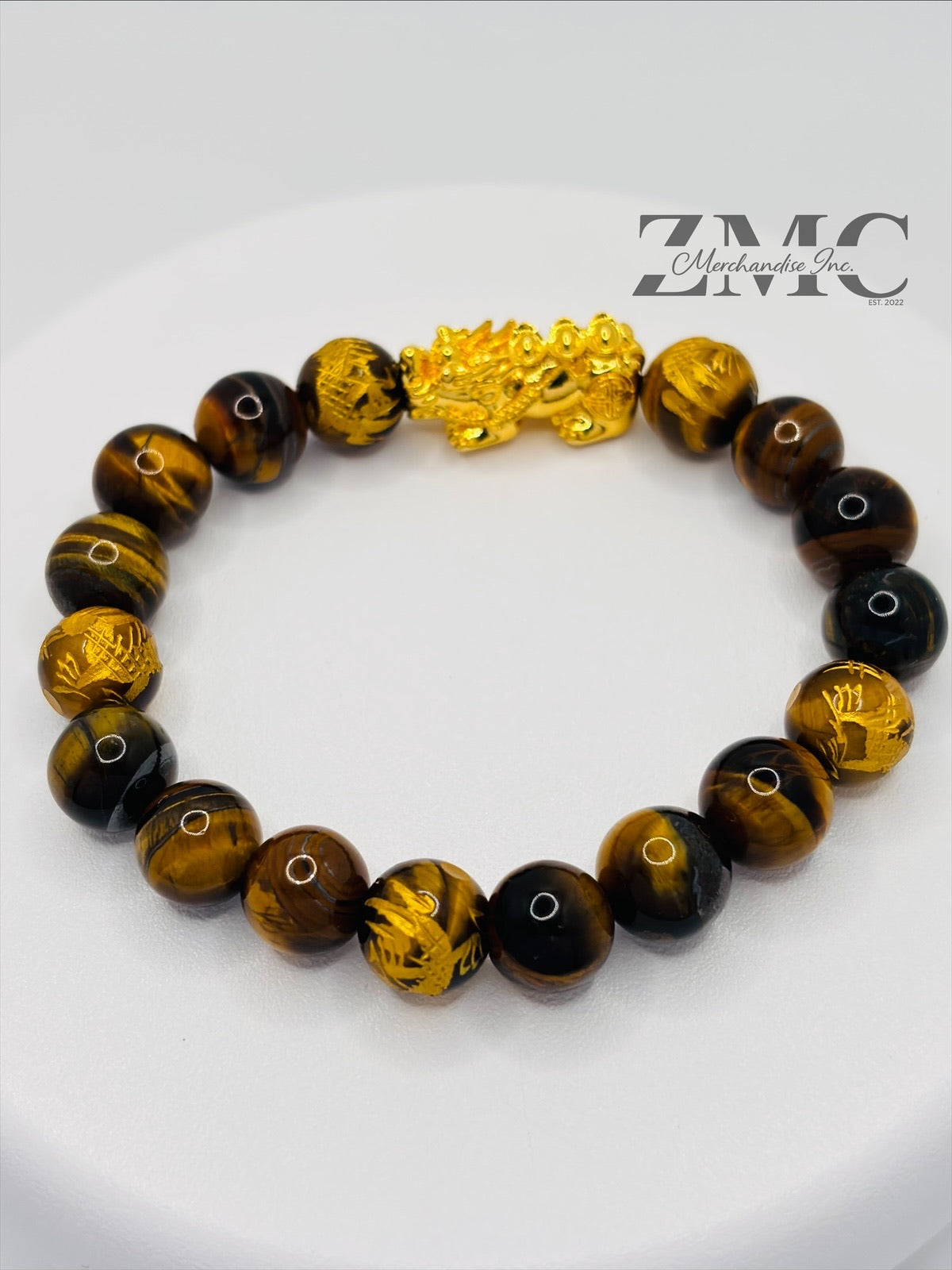18K Gold Lucky Piyao/ Pi Xiu  Bracelet Tiger Eye Dragon Stone( Hollow Empty Inside) Extra Large Glossy