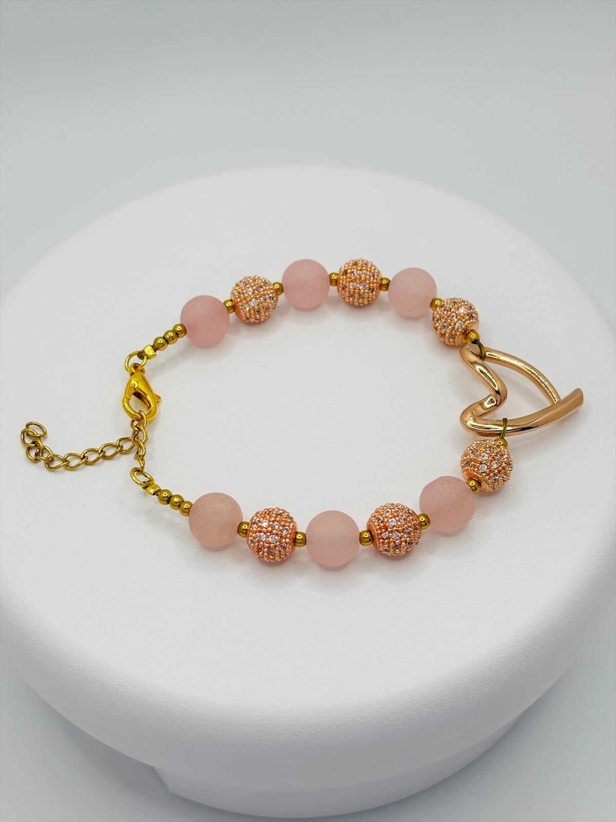 18K Rose Gold Open Heart Rose Quartz Bracelet (Electroform Heart)