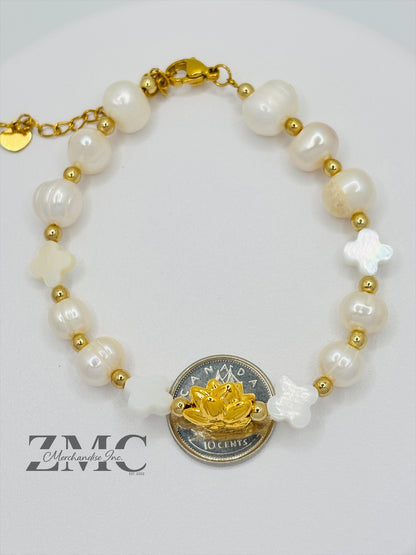 18K Gold Lucky Lotus Flower Bracelet Fresh Water Pearl Stone ( Hollow Empty Inside)