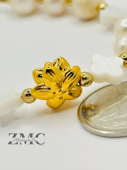 18K Gold Lucky Lotus Flower Bracelet Fresh Water Pearl Stone ( Hollow Empty Inside)