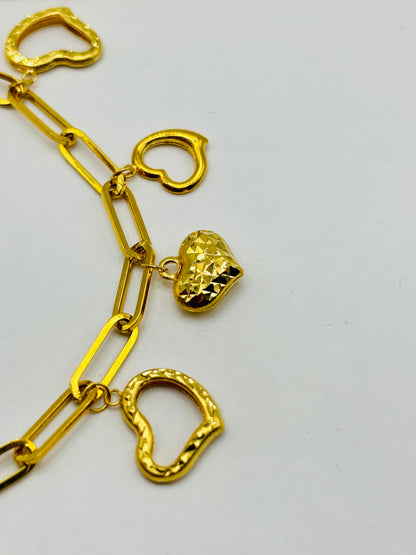 18K Gold Paperclip Bracelet with Hearts Charm