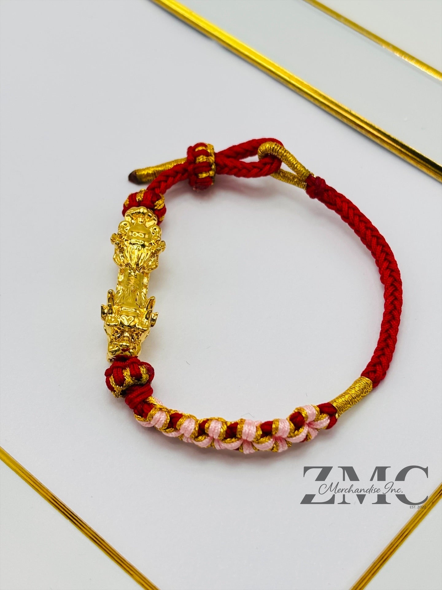18K Gold Lucky Dragon Bracelet Red String ( Hollow Empty Inside) XXL