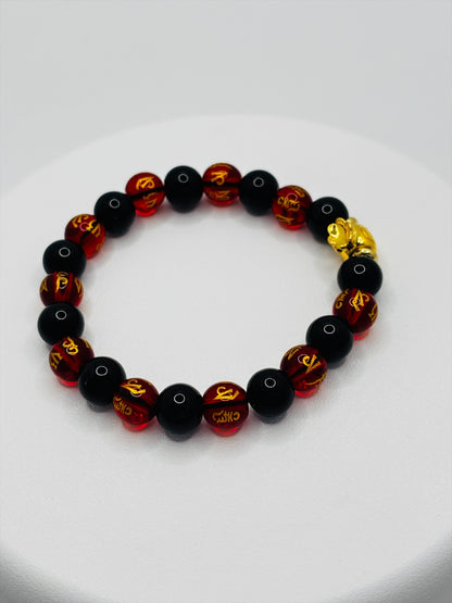 18K Gold  Lucky Money Bag Black/Red Mantra Bracelet  ( Hollow Empty Inside)