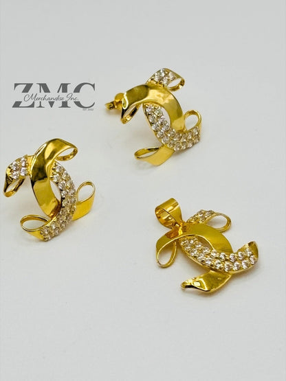 18K Gold C Earrings and Pendant with Stone Set