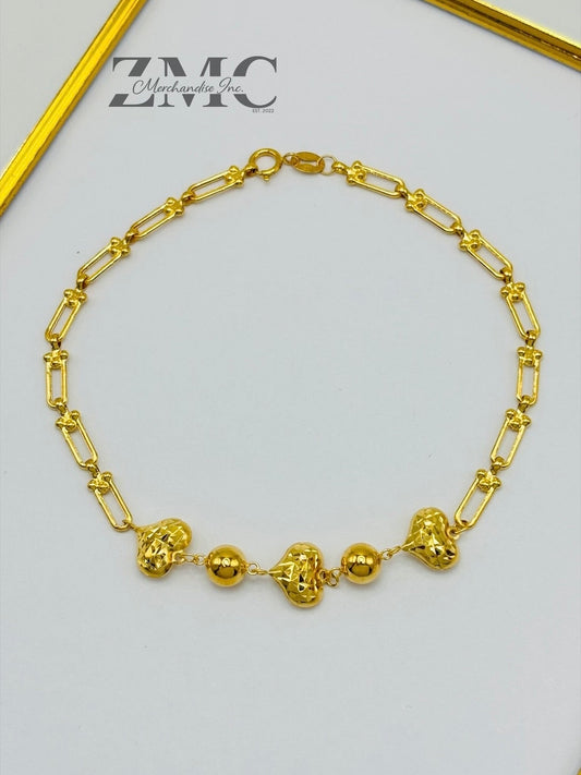 18K Gold Heart and Ball Diamond Cut Flat Hardware Bracelet
