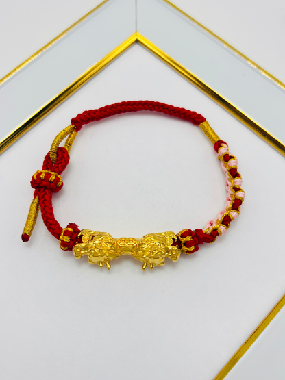 18K Gold Lucky Dragon Bracelet Red String( Hollow Empty Inside) XXL