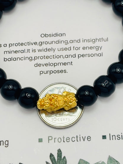18K Gold Lucky Piyao/ Pi Xiu Black Obsidian Stone ( Hollow Empty Inside) Medium Size
