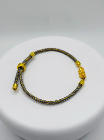 18K Gold Lucky Piyao/ Pi Xiu Gold/Gray String Bracelet ( Hollow Empty Inside) Small