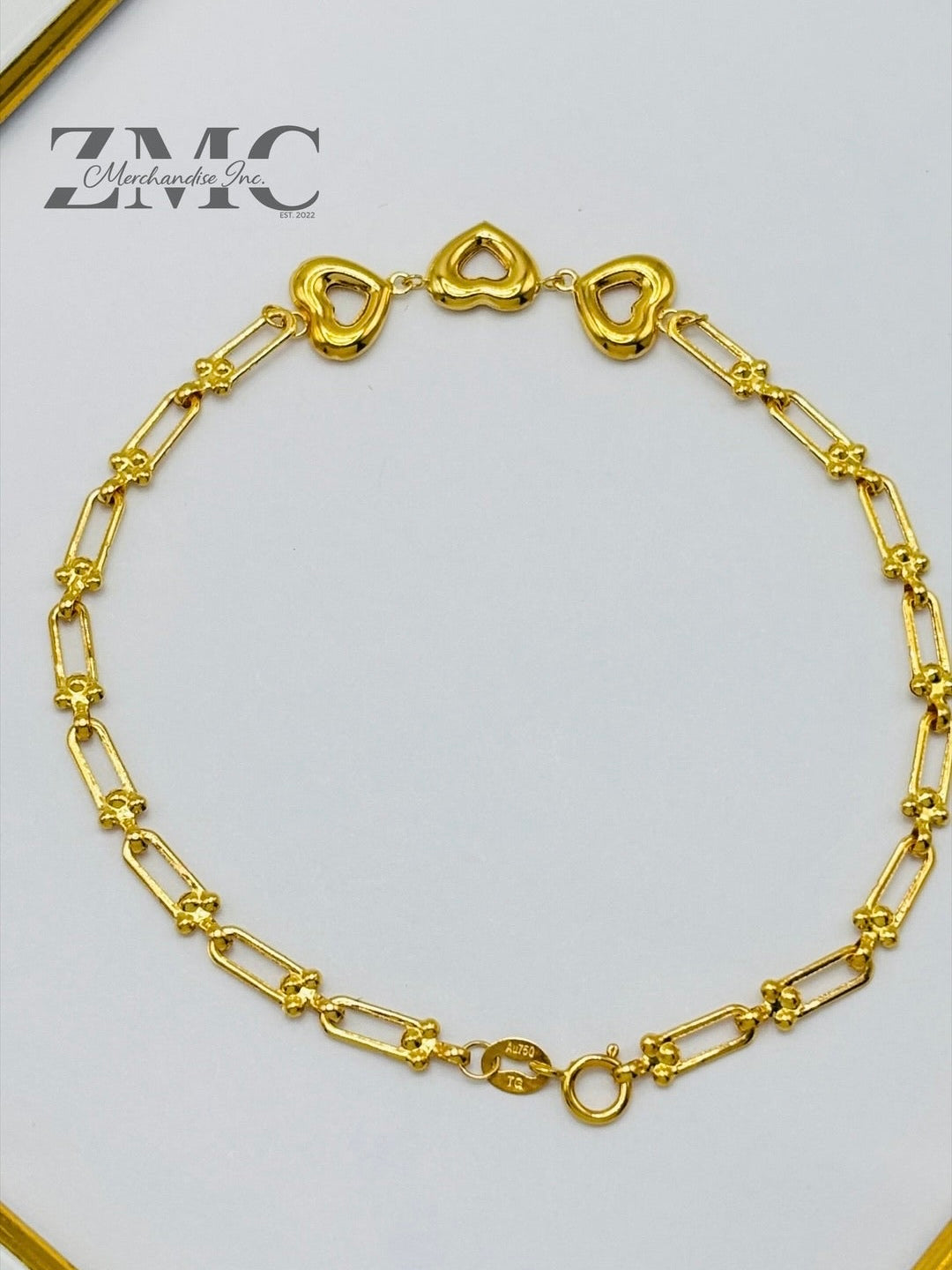 18K Gold 3 Hearts Flat Hardware Bracelet
