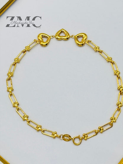 18K Gold 3 Hearts Flat Hardware Bracelet