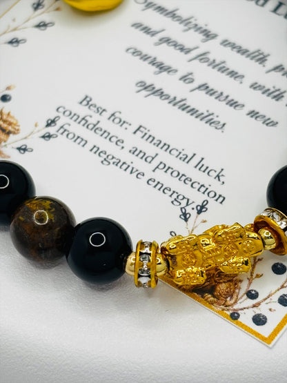 18K Gold Lucky Piyao/ Pi Xiu Obsidian, Tiger Eye Bracelet ( Hollow Empty Inside) SMALL PIYAO