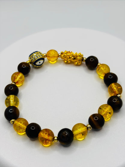 18K Gold Lucky Piyao/ Pi Xiu Tiger Eye Citrine Evil Eye Bracelet ( Hollow Empty Inside) Medium