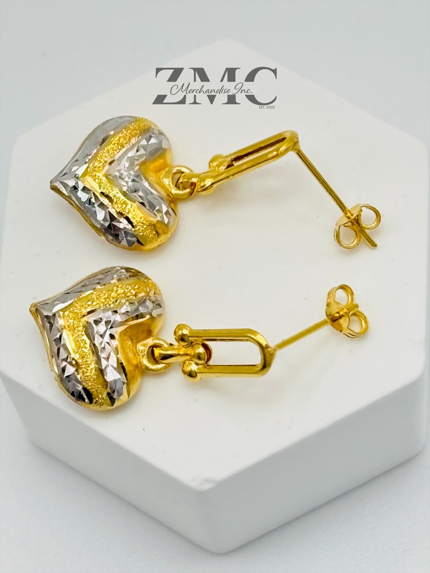 18K Gold Heart Dangling Two-tone Earrings