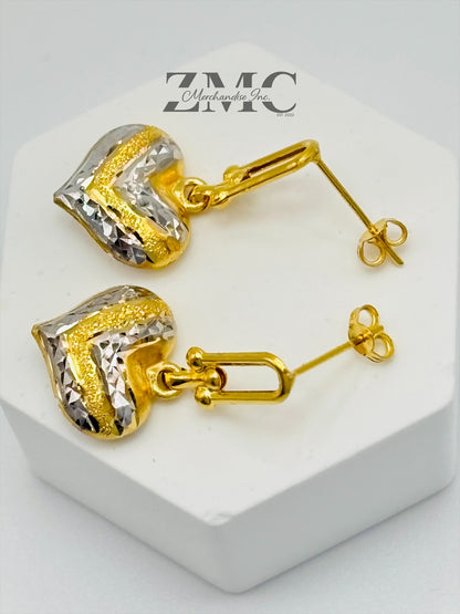 18K Gold Heart Dangling Two-tone Earrings