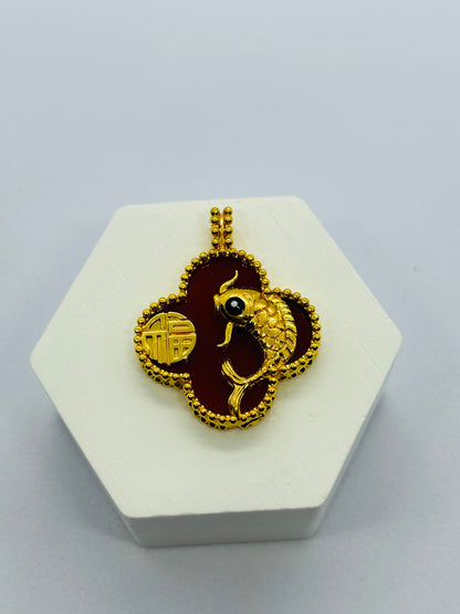 18K Gold Clover Koi Pendant Red (Hollow)