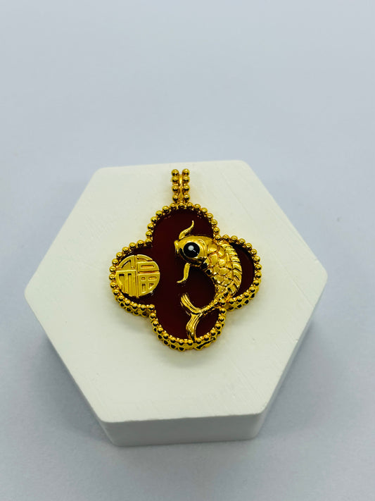 18K Gold Clover Koi Pendant Red (Hollow)