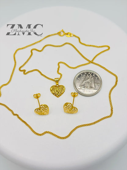 18K Gold Heart Earrings and Necklace Set