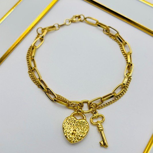 K18 Japan Gold Double Bracelet with Hearth & key Charm Bracelet