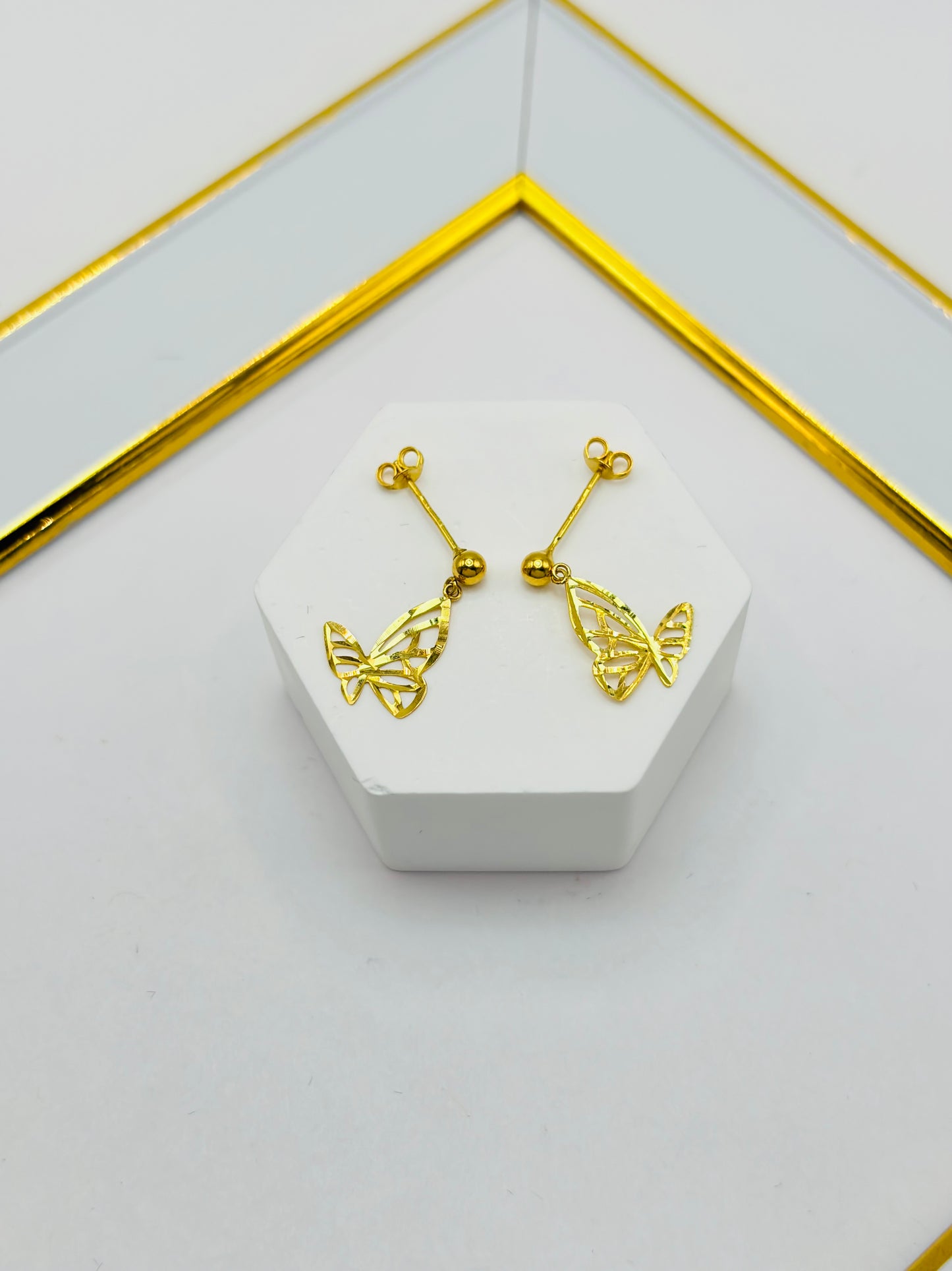 18K Gold Butterfly Stud Dangling Earrings