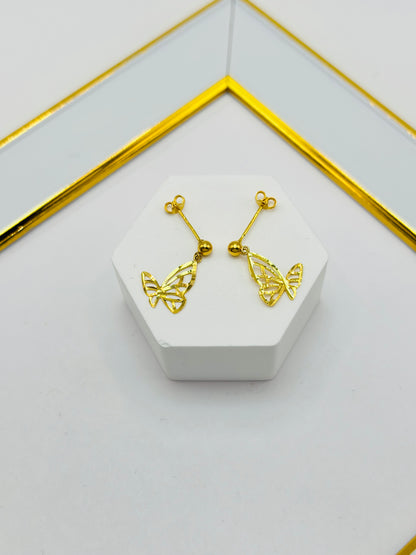 18K Gold Butterfly Stud Dangling Earrings