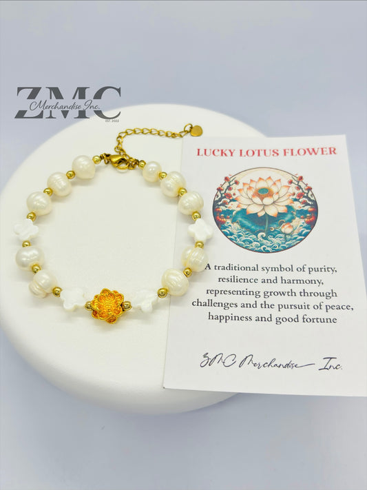 18K Gold Lucky Lotus Flower Bracelet Fresh Water Pearl Stone ( Hollow Empty Inside)