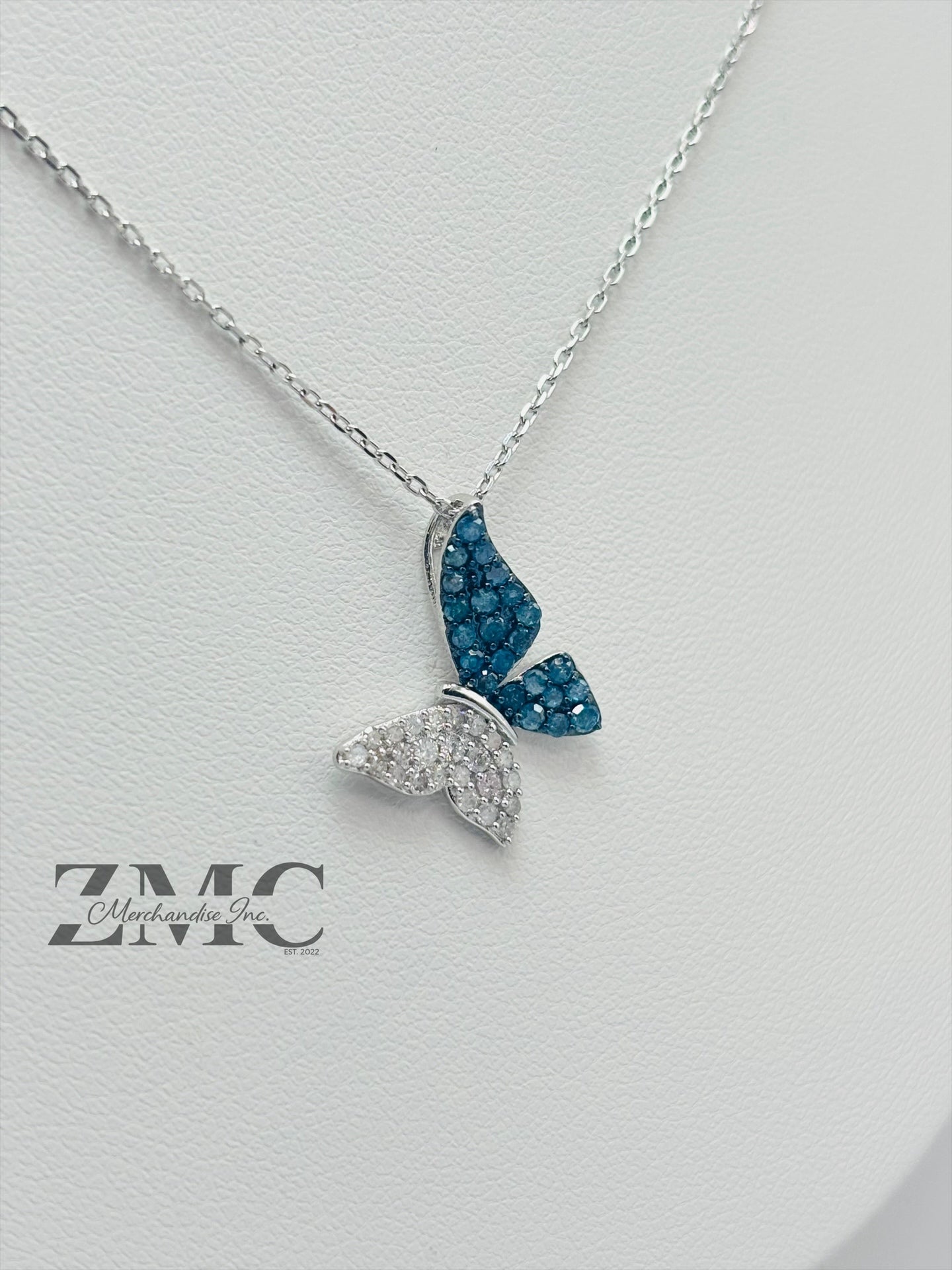 K18 White Gold Butterfly 0.50ct Natural Blue/White Diamonds Necklace