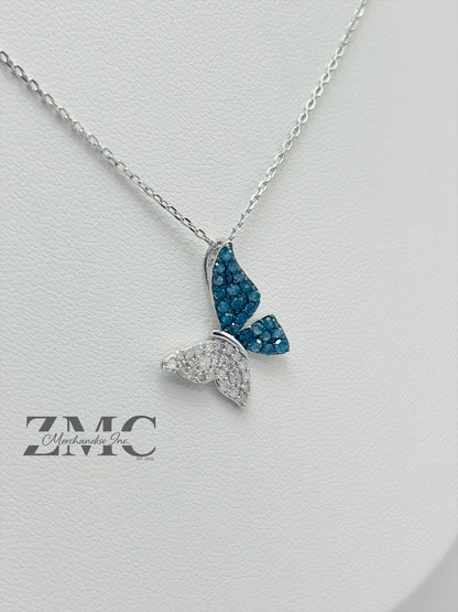 K18 White Gold Butterfly 0.50ct Natural Blue/White Diamonds Necklace