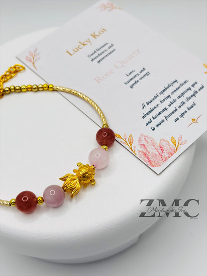 18K Gold Lucky Koi Fish Bracelet Rose Quartz Stone ( Hollow Empty Inside)