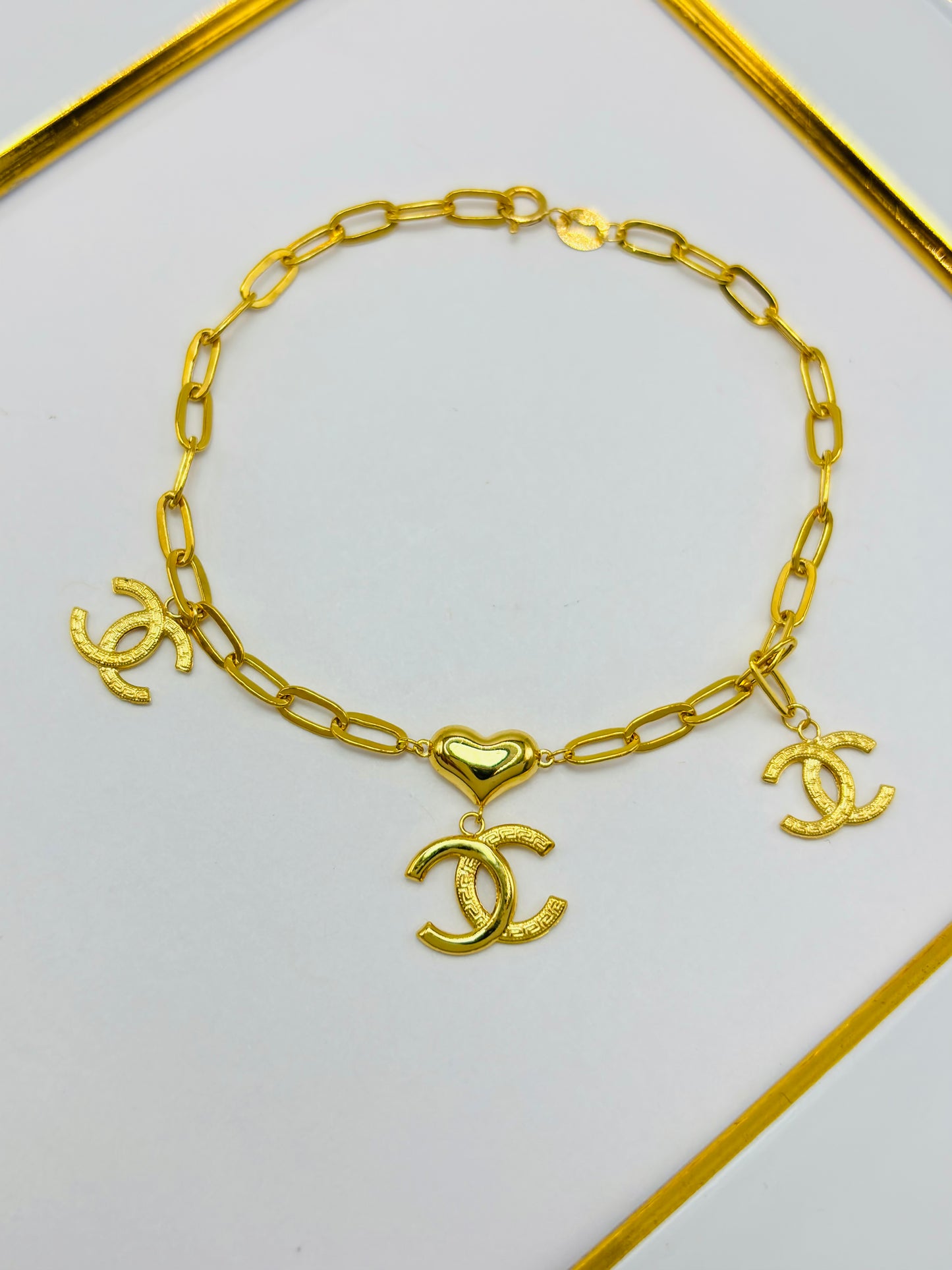 18K Gold Small Link Paperclip with Charm Bracelet