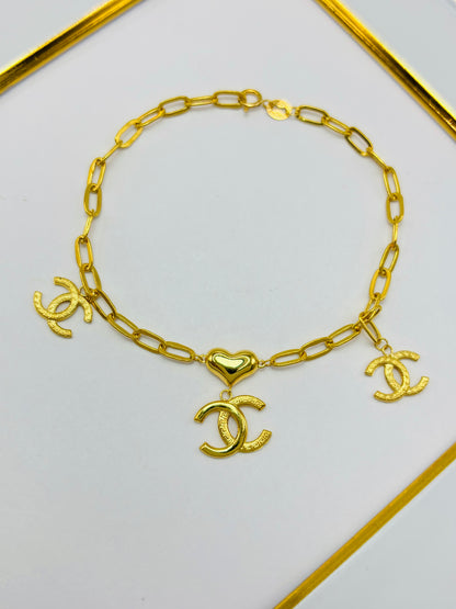 18K Gold Small Link Paperclip with Charm Bracelet