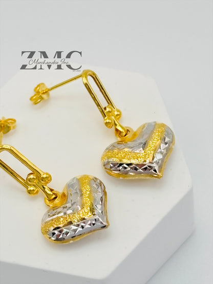 18K Gold Heart Dangling Two-tone Earrings