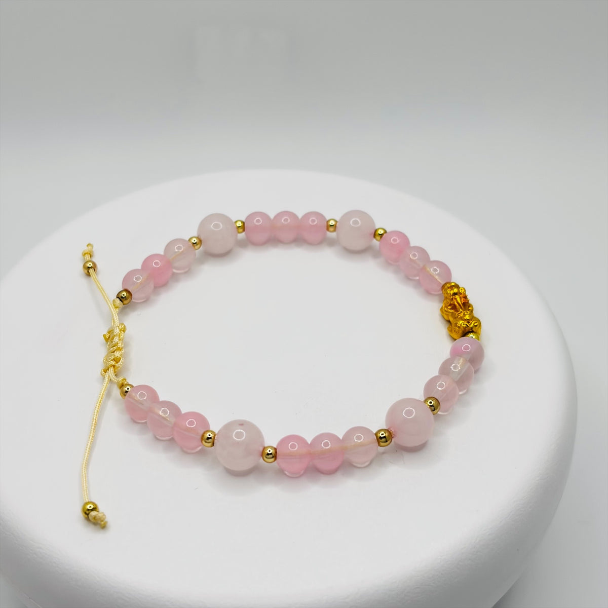 18K Gold Lucky Piyao/ Pi Xiu Rose Quartz String Bracelet ( Hollow Empty Inside) Small