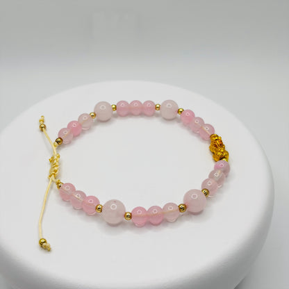 18K Gold Lucky Piyao/ Pi Xiu Rose Quartz String Bracelet ( Hollow Empty Inside) Small