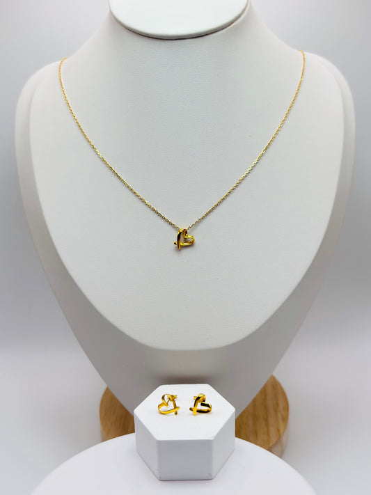 18K Gold Small Open Heart Earrings and Necklace Set