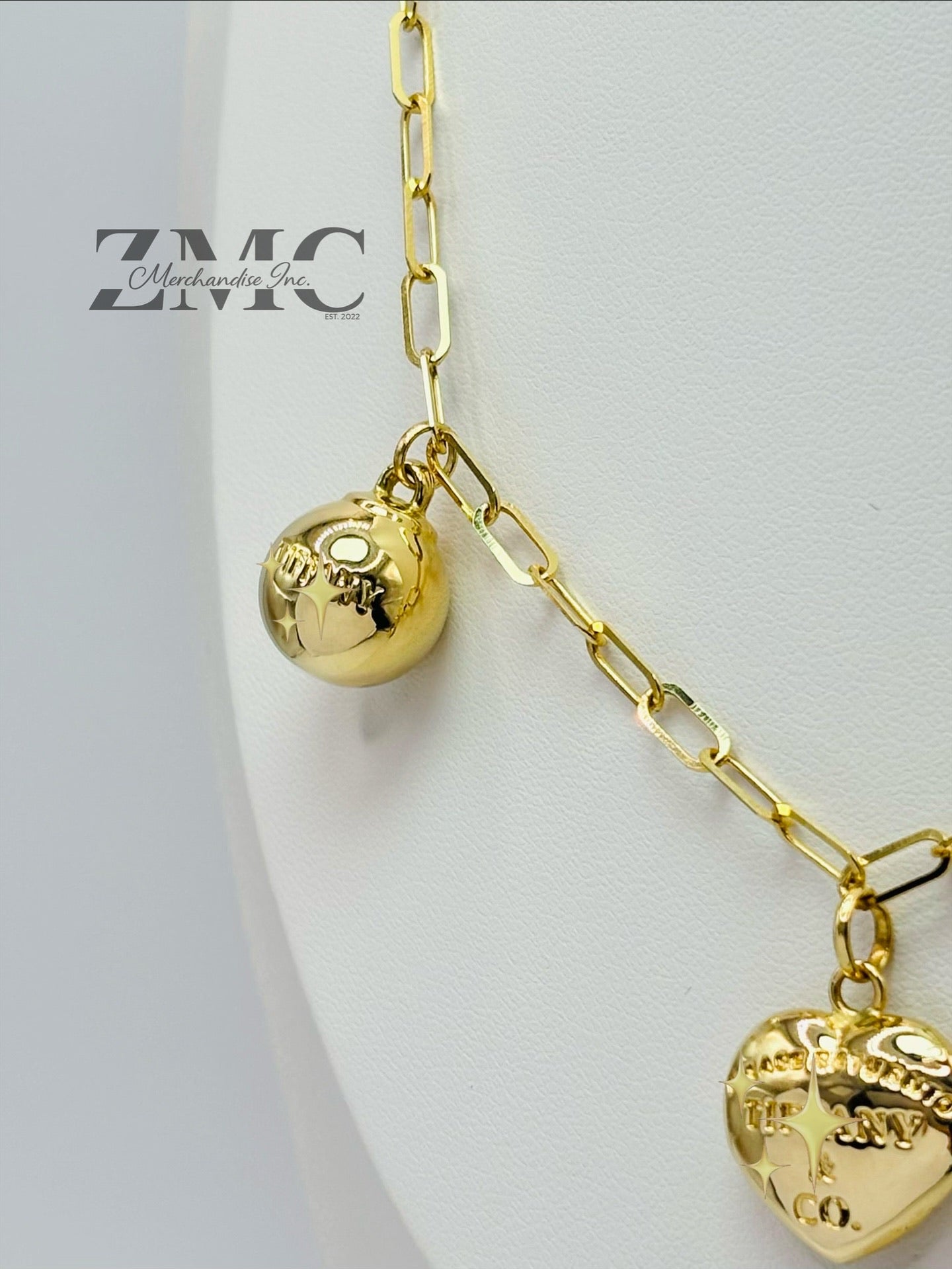 18K Gold Paperclip with Heart and Ball Charm Necklace