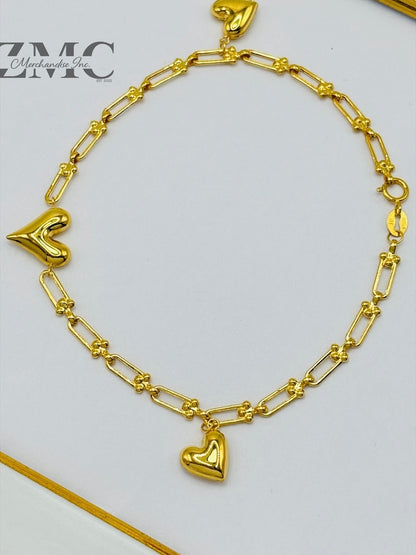 18K Gold Heart Charms Flat Hardware Bracelet